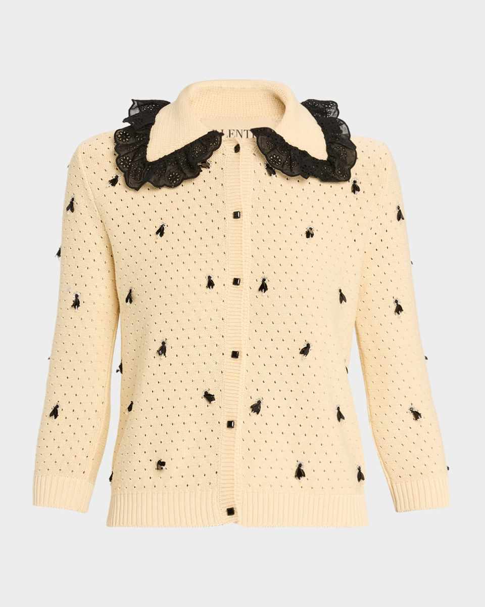 Pointelle Micro Tassel Ruffled Cardigan